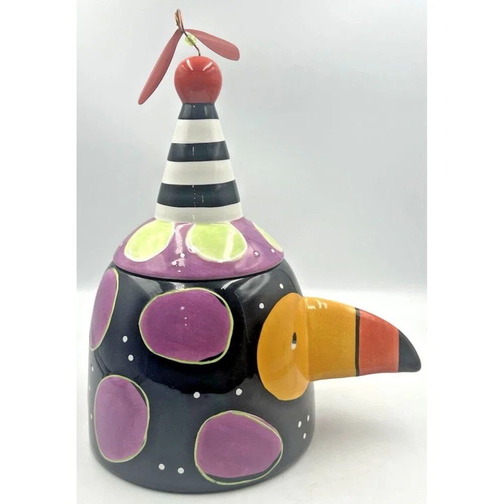 Vtg Wacky Bird Cookie Jar Joanne Delomba Lotus Pottery Rare Black Crow Spinner